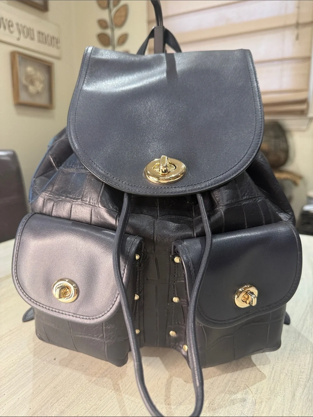 Coach Dark Navy Croc-Embossed Leather Rucksack  Backpack with Gold-Tone Hardware